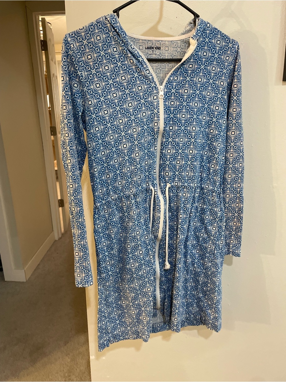 Lands' End Blue & White Geometric Drawstring Long Sleeve Dress